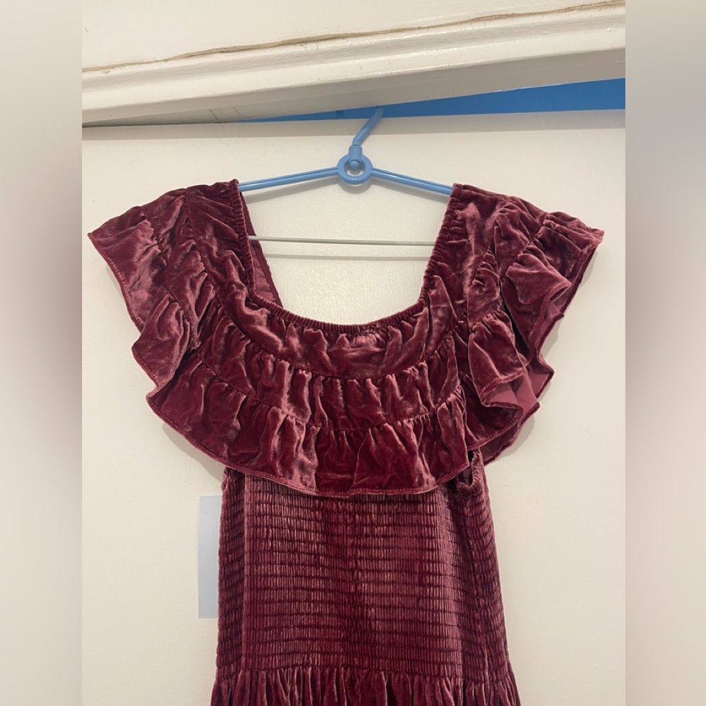 NWT Hill House Women's The Akilah Nap Midi Ruffle Dress Burgundy Velvet - Picture 9 of 14